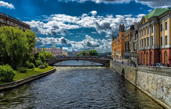 The sky, clouds, trees, bridge, river, home, Stockholm, Sweden