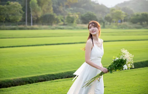 Beautiful, Asian, Model, Flowers, Woman, Bouquet, Field, Pretty