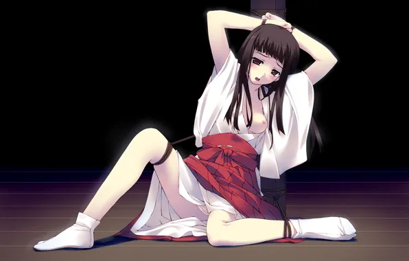 Black, brown hair, brown eyes, nipples, japanese clothes, breasts, socks, miko