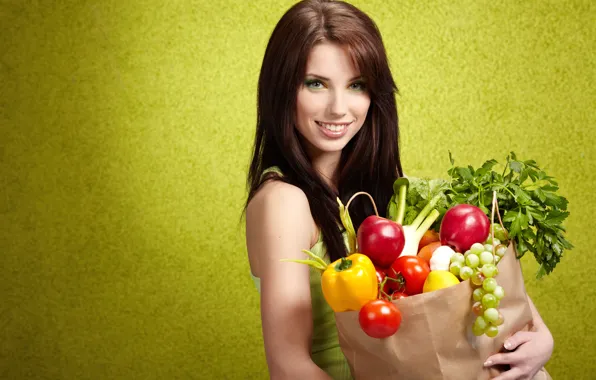 Picture greens, girl, smile, lemon, apples, makeup, bow, grapes