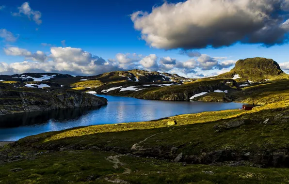 Picture mountains, shore, Norway, house, pond