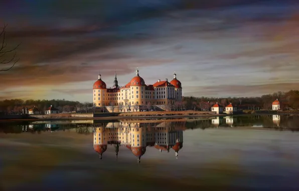 Pond, reflection, castle, the evening, Germany, Moritzburg