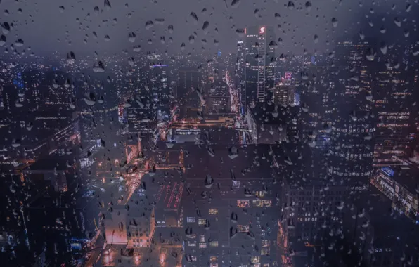 Night, The city, Rain, Canada, Window, Building, City, Vancouver
