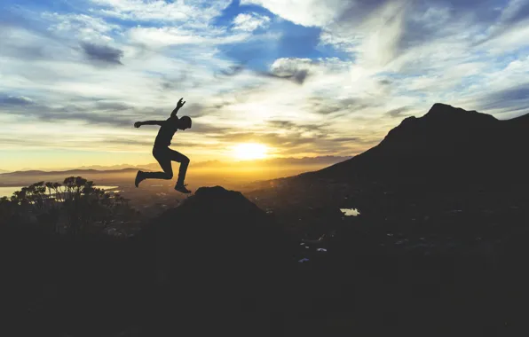 Clouds, sunset, mountains, nature, people, Sunrise, adventure, jumping