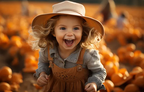 Autumn, light, joy, smile, child, girl, pumpkin, hat