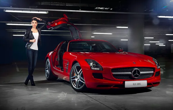 Picture Mercedes-Benz, Girl, Red, AMG, SLS, Beauty, Supercar, Door
