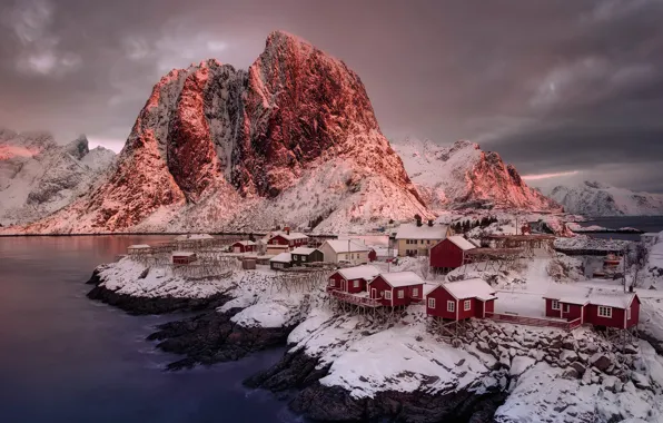 Winter, snow, mountains, clouds, Norway, Bay, houses, Pure