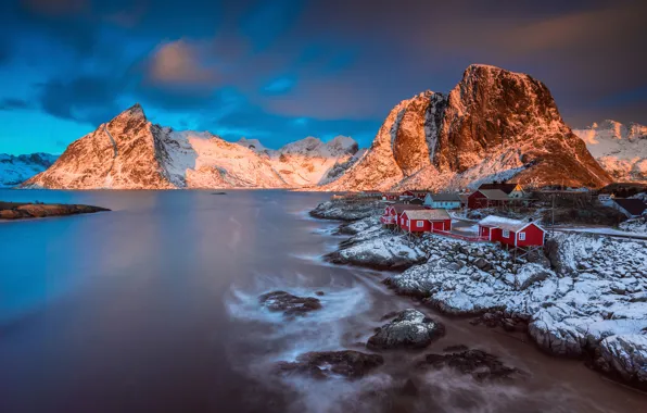 Picture winter, light, snow, mountains, morning, Norway, town, settlement