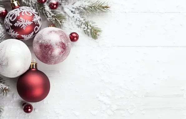 Balls, snow, branches, Christmas, red, white background, New year, white