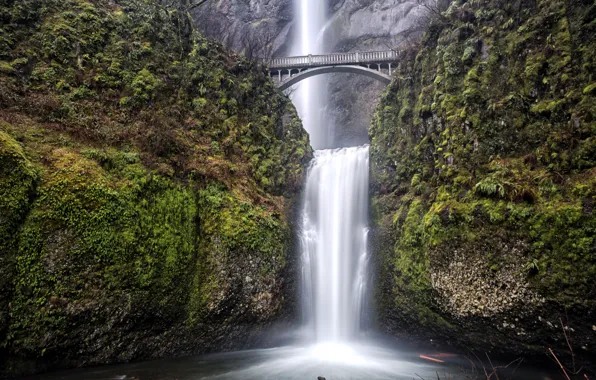 Bridge, rock, waterfall, USA, Oregon, Portland, Multnomah Falls