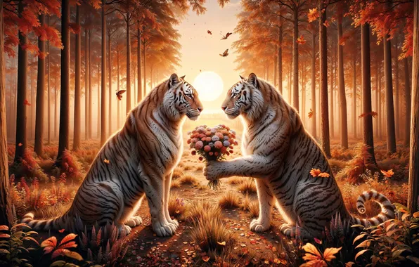 Autumn, forest, bouquet, pair, tigers