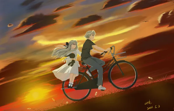 The sky, girl, clouds, sunset, bike, anime, art, guy