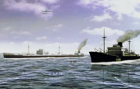 Sea, the sky, figure, art, tanker, the convoy, German, single-engine