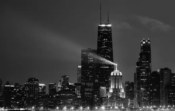 Picture water, skyscrapers, black and white, America, Chicago, USA, Il