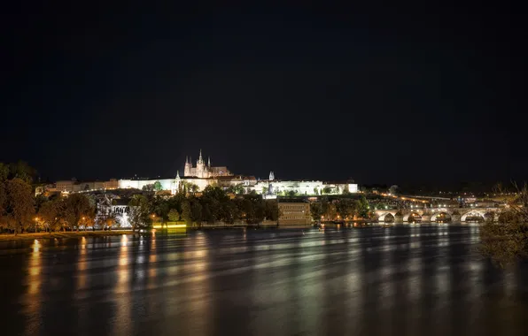 Trees, night, river, home, Prague, Czech Republic, architecture, Prague