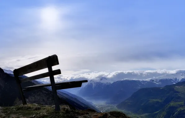 The sky, the sun, landscape, mountains, bench
