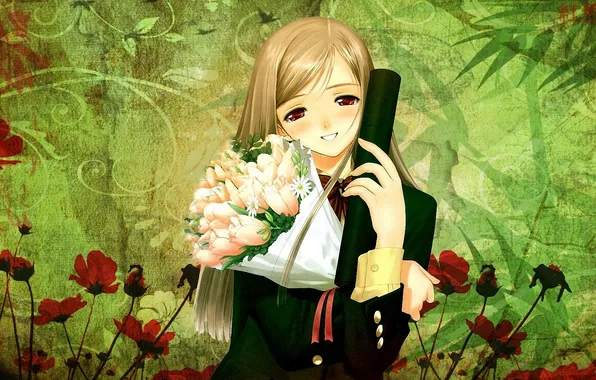 Girl, flowers, smile, bouquet, tears, form, taka tony, tube