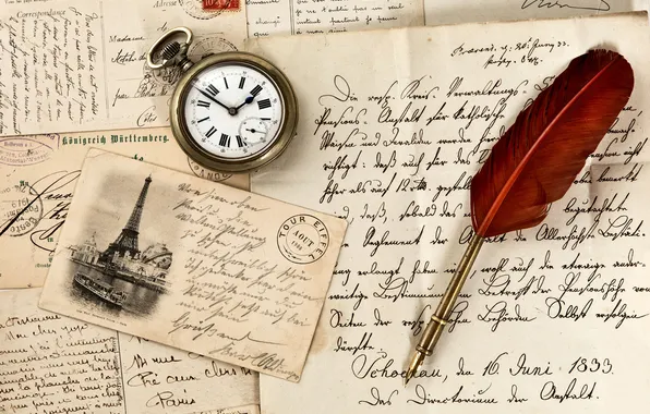 Pen, watch, vintage, vintage, postcard, mark, old paper, letters