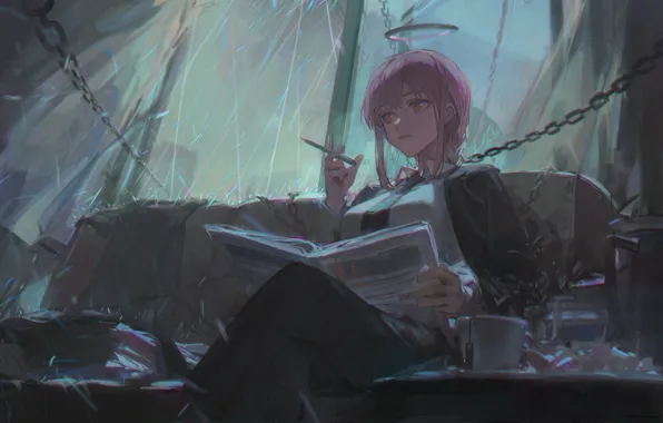 Girl, sofa, newspaper, chain, Chainsaw Man, Makima, by Ciloranko