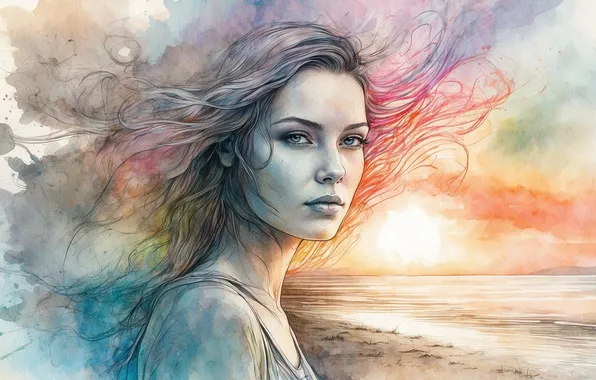 Look, girl, face, pose, portrait, imitation painting, AI art, neural network