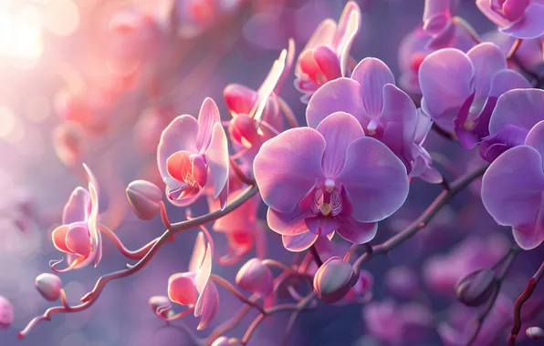 Light, flowers, branches, pink, orchids, Orchid, lilac, AI art