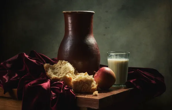 Light, glass, the dark background, table, glass, Apple, food, milk