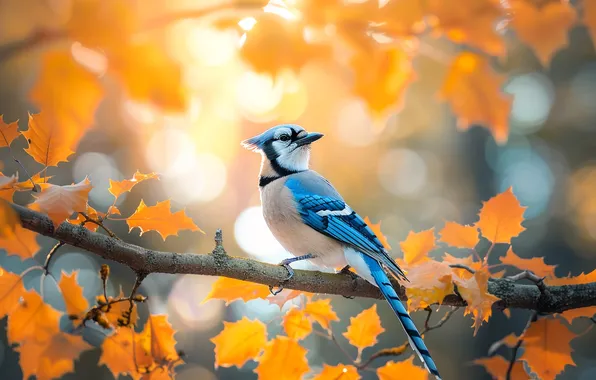 Autumn, rays, light, branches, tree, bird, foliage, blur