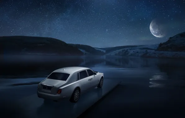 Machine, the sky, water, the moon, stars, Rolls-Royce, Phantom, lights