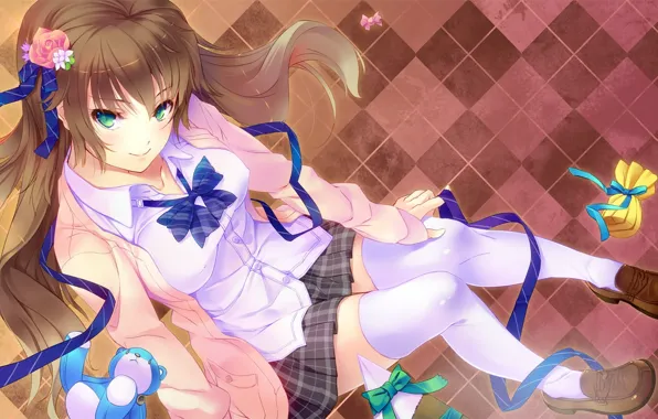 Picture stockings, tape, schoolgirl, bow, sitting, green eyes, Teddy bear