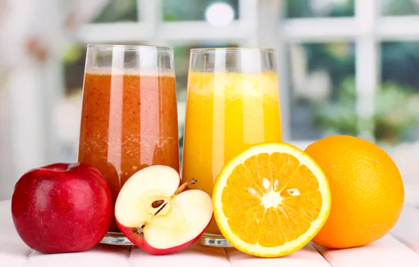 Apple, orange, juice, glasses, fruit, orange, Apple