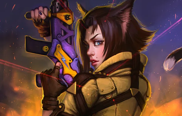 Girl, gun, weapons, art, laser, ears, sight, ears