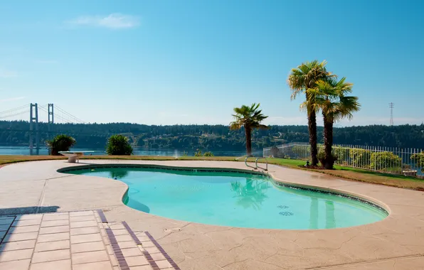 The sky, landscape, bridge, design, lake, palm trees, blue, view