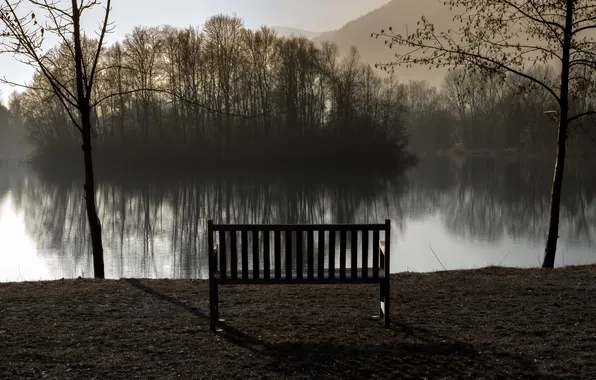 Picture landscape, lake, morning, bench, France, Rhone-Alpes