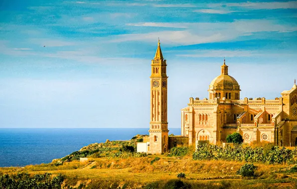 Sea, coast, tower, Church, architecture, The Mediterranean sea, Malta, Malta