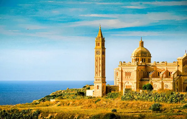 Picture sea, coast, tower, Church, architecture, The Mediterranean sea, Malta, Malta