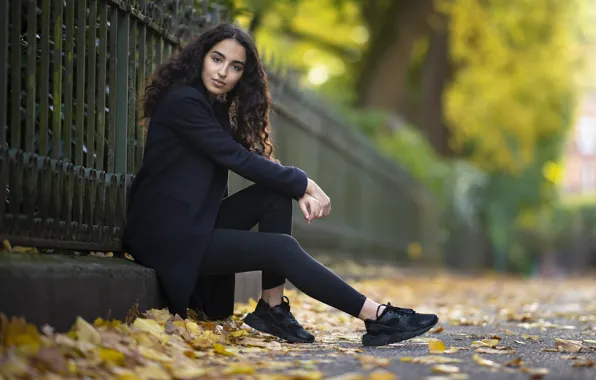 Picture autumn, look, leaves, girl, the fence, alley, bokeh