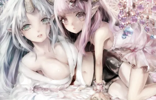 Elves, horns, bow, ears, lie, suspension, big eyes, youkai