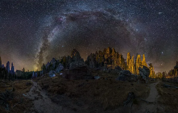 Field, the sky, space, stars, light, mountains, night, darkness