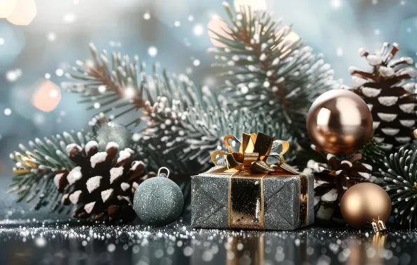Frost, balls, branches, lights, box, gift, Christmas, New year