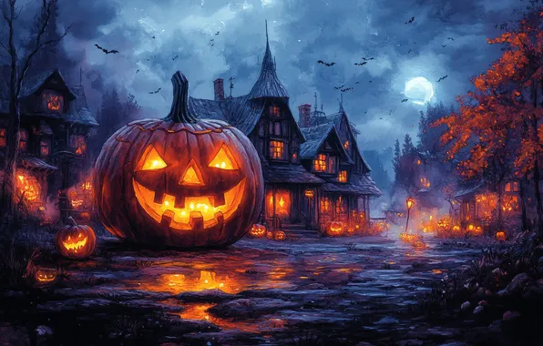 Picture Clouds, Home, Night, The moon, Pumpkin, Halloween, Halloween, Digital art