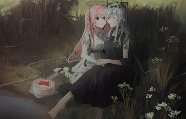 Girls, meadow, cake, halo