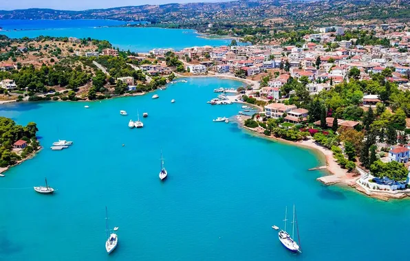 Sea, the city, home, Bay, boats, Greece, Bay, piers