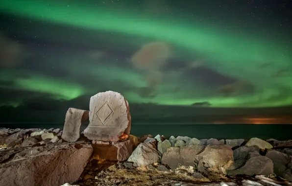 Picture sea, stars, mountains, night, stones, Northern lights