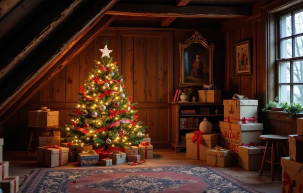 Balls, lights, room, carpet, Board, new year, interior, picture