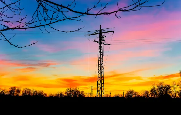 The sky, sunset, posts, wire