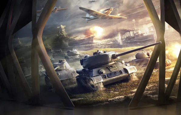 Picture Aircraft, Ships, Tanks, Game, World of Tanks, World of Warplanes, T-34-85, World Of Warship