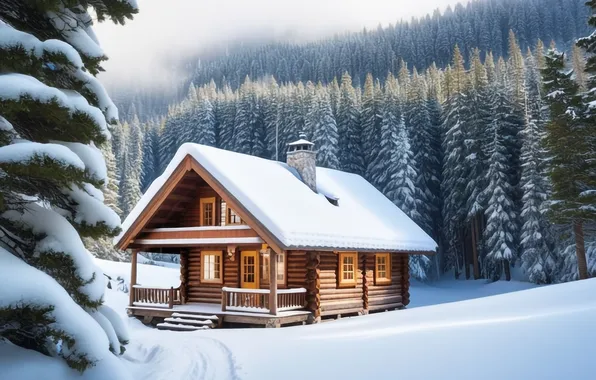 Picture winter, forest, snow, trees, mountains, tree, house, house