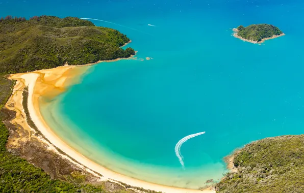 Picture beach, ocean, coast, boat, new zealand, national park, abel tasman
