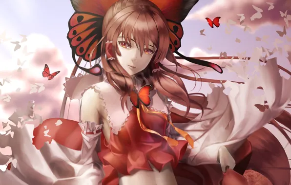 Picture look, girl, butterfly, smile, the wind, touhou, art, hakurei reimu