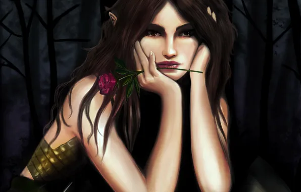 Picture girl, trees, rose, hands, art, elf, shield